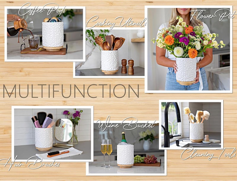 25DOL Extra Large 360° Rotating Utensil Holder for Kitchen Counter, 8.3” Cooking Utensil Holder for Countertop with Bamboo Base, White Ceramic Utensil Crock Canister for Cooking Utensils - Engraved Design - Image 3